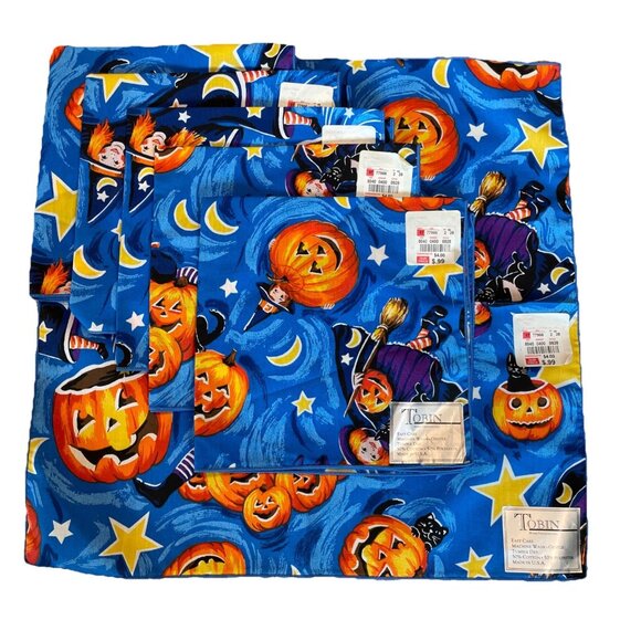 Vintage 6 Tobin Halloween Cloth Dinner Napkins Bewitched Witch Pumpkins 17x17" - Picture 1 of 7